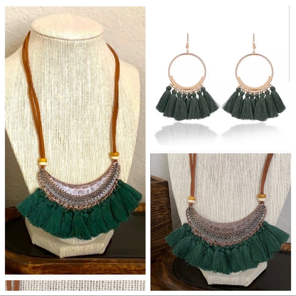 Boho Green Fringe Necklace and earrings Set